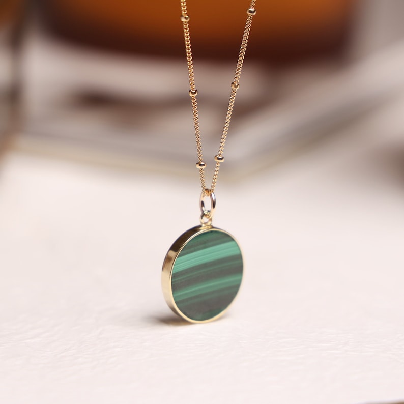 Green Malachite Circle Disc Pendant Necklace on 14k gold filled 20 inch Satellite chain Jewelry Gifts for her Minimalist Boho layering style image 6