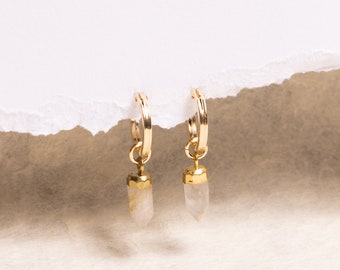 Golden Rutilated Quartz - Gold Earrings - Genuine Quartz Point shape gemstones, 14k gold filled hoops Minimalist Jewelry for her