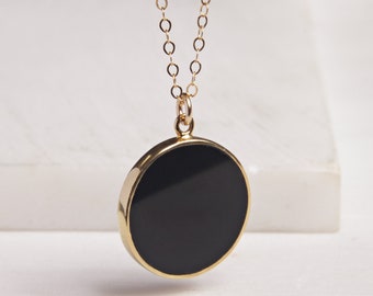 Black onyx circle necklace on 14k dainty gold filled chain - Jewelry gifts for Her - Black and gold jewelry - Minimalist handmade necklaces