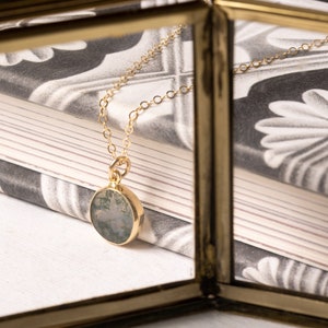Moss Agate Small Disc Necklace Minimalist Jewelry gift for her 14k Gold filled chain Dainty, Petite, Delicate Chain Everyday necklace image 3