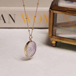 Amethyst Circle Necklace Round slice of genuine amethyst gemstone bezel in vermeil gold on 14k gold filled satellite chain Gifts for her image 3