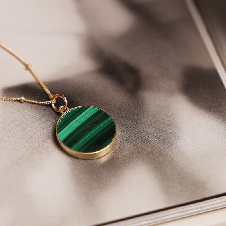 Green Malachite Circle Disc Pendant Necklace on 14k gold filled 20 inch Satellite chain Jewelry Gifts for her Minimalist Boho layering style image 9