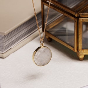 Moonstone Circle Necklace Minimalist Round Disc Rainbow Moonstone Slice Pendant on 14k Gold Filled 22 inch Satellite Chain for Layering image 4
