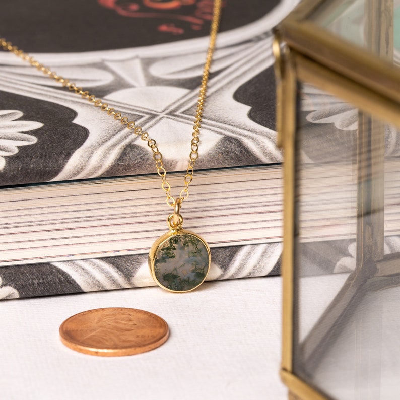 Moss Agate Small Disc Necklace Minimalist Jewelry gift for her 14k Gold filled chain Dainty, Petite, Delicate Chain Everyday necklace image 5