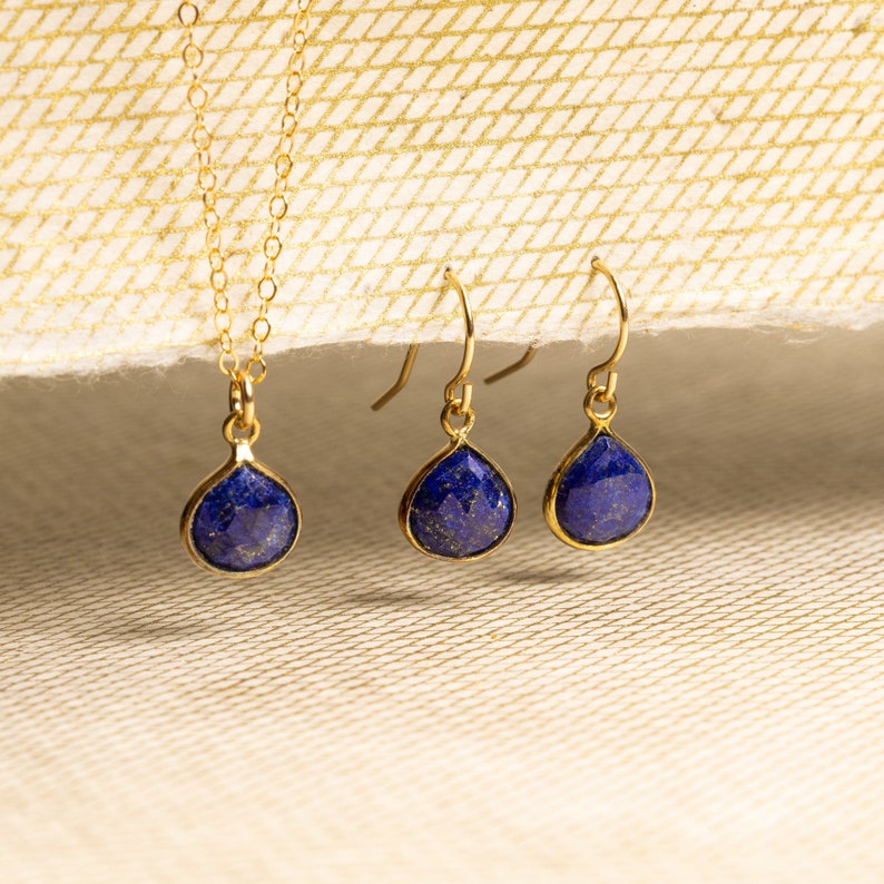 Lapis Lazuli Necklace and Drop Earrings Matching Set Delicate, Dainty, minimalist, simple gold jewelry gift for mom, girlfriend, daughter image 1