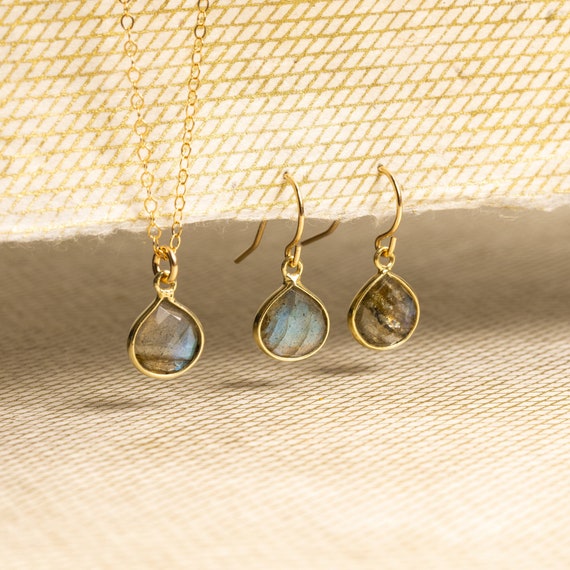 Labradorite Necklace and Drop Earrings Matching Set - Delicate, Dainty, minimalist, simple gold jewelry gift for mom, girlfriend, daughter