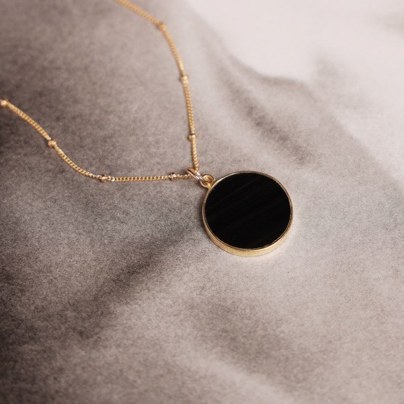 Black Obsidian Circle Pendant Necklace for Her Minimalist geometric jewelry on 20 inch 14k gold filled satellite chain Mother's Day Gift image 3