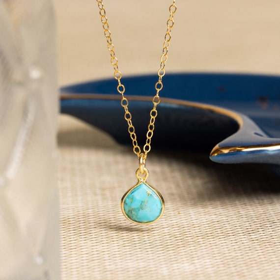 Turquoise Teardrop Pendant Gemstone Gold Necklace - Birthday