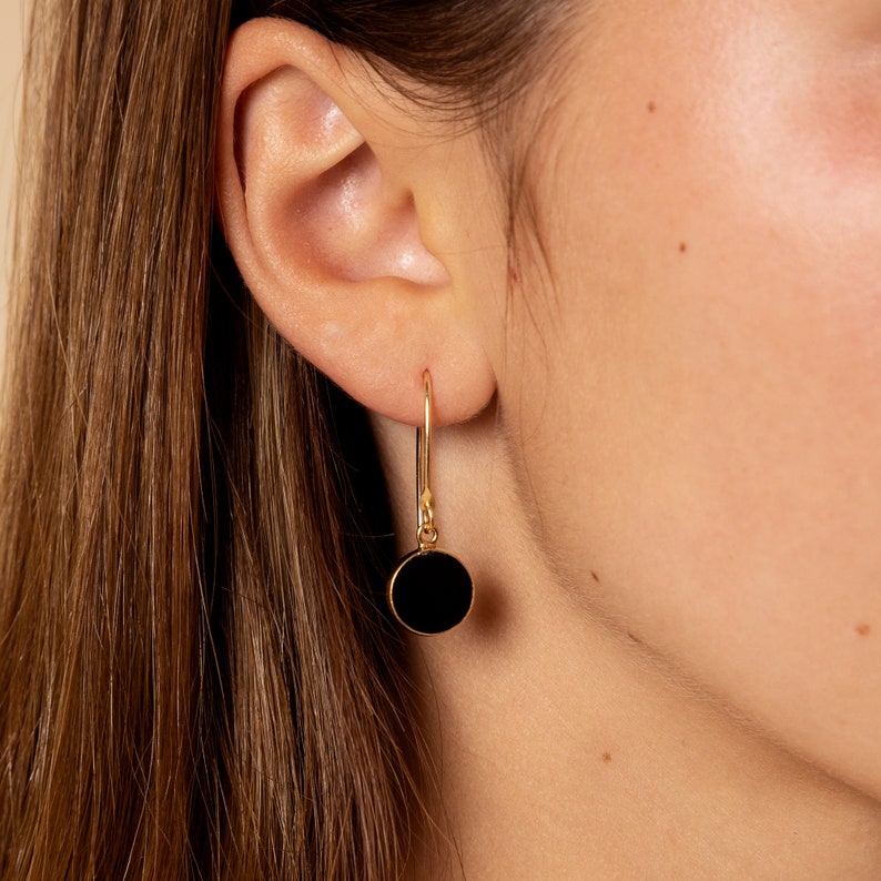 Black Obsidian and gold stunning circle drop earrings for her Unique, elegant, minimalist jewelry gift ideas for wife, mom, aunt, niece image 2