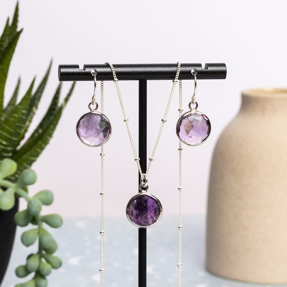 Round Purple Amethyst Earrings and Necklace SET- 925 Sterling Silver Jewelry - Satellite Chain Mothers Day, Bridesmaids, February Birthstone