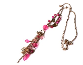 Vintage gold tone pink leaf necklace  - vintage necklace - gift for her