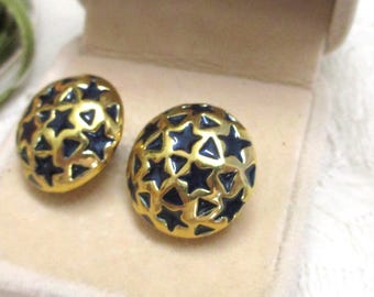 Kolczyki z kaboszonem i gwiazdkami, eleganckie okrągłe półkule, emaliowane gwiazdkami, platerowane 18-karatowym złotem, biżuteria designerska, czarno-złota, 2 cm