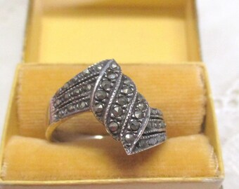 Unusual solid Art Deco silver ring with marcasites 18 mm 57 925 pointed ring silver marcasite ring women's ring