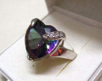 Unusual opulent heart ring silver ring with zirconia color Mystic Topaz size 55 17.5 mm ladies ring love ring