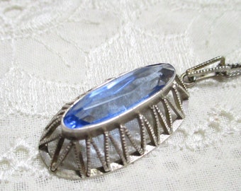 No 18 Large filigree Art deco silver pendant 835 bright blue colored stone with silver chain 66 cm