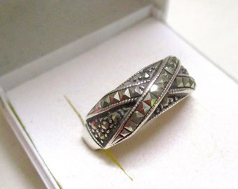 Antique solid Art Deco silver ring A 925 with marcasites 19.4 mm 61 band ring silver marcasite ring ladies ring