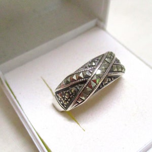 Antique solid Art Deco silver ring A 925 with marcasites 19.4 mm 61 band ring silver marcasite ring ladies ring image 1