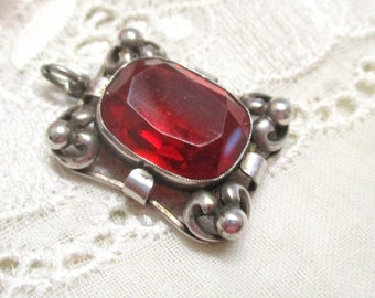 Beautiful Art Deco pendant with red colored stone Silver tested silver pendant antique red stone