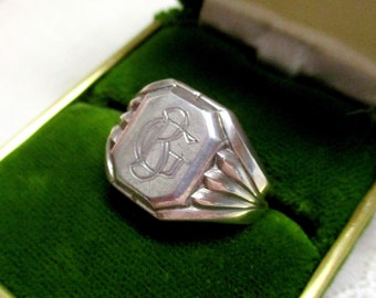 Antique solid Art Deco silver ring with initials BG size 62 19.5 mm ladies men's signet ring 800 many hallmarks large