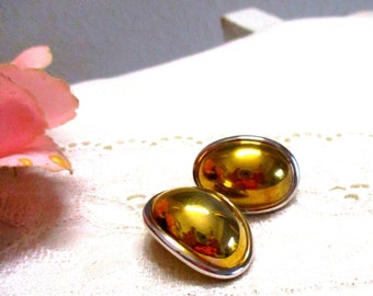 Unusual vintage designer earrings cabouchon bean shape oval, hard gold plated gift earrings boho