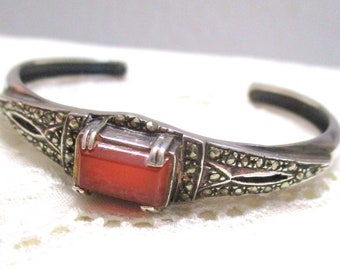 No 60 RARE antique Art Deco bangle cuff silver with carnelian and marcasites silver bracelet women's gift