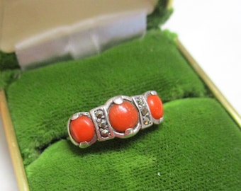 17.0 mm Dainty antique elegant coral ring silver 835 marcasites ring size 53