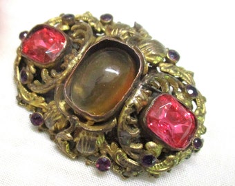 Noble oval brooch gold Gablonz Beautiful vintage brooch rhinestone Gablonz jewelry pink rhinestone Bohemian brooch