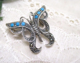 Small antique Art Deco butterfly brooch silver with marcasites and turquoise 2.4 x 2.4 cm silver brooch butterfly