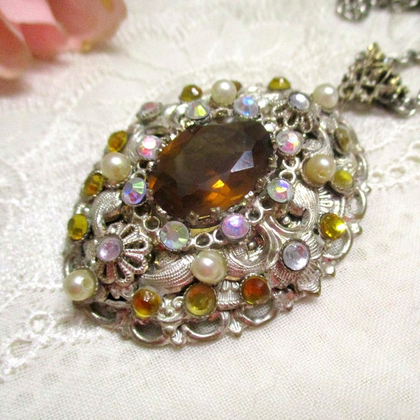 Rarity!!! Antique oval pendant Gablonz jewelry rhinestone brown aurora borealis floral cultured pearls large 5 x 4 cm collector's item