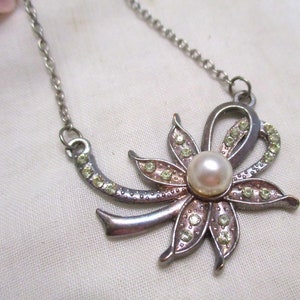 Fine nostalgic necklace with rhinestones and faux pearl Mid century silver beautifully crafted necklace image 1