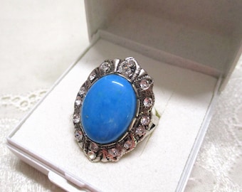 Unusual solid vintage silver ring with large turquoise and zirconia 19.4 mm 61 ring silver ladies ring gift