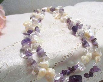 No 54 Doppelreihige Halskette Collier mit Amethyst, Bergkristall und Perlmutt Amethystsplitterkette Halskette 46 -52 cm