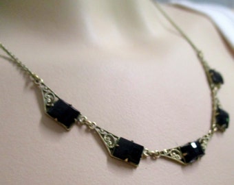 No 51 Fine Art Deco necklace gold coloured with black onyx stones necklace 44.5 cm vintage necklace necklace