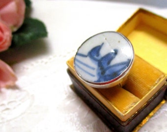 Unusual vintage silver ring with ceramic porcelain blue and white Delft? 17.0 - 17.5 mm 53 54 ring silver women's ring gift
