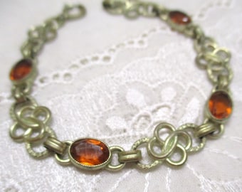 No 22 Fantastic Art Deco vintage bracelet orange gold link bracelet orange stones 18.5 cm tin plated gold