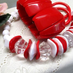 Jewelry set vintage red white 80s plastic necklace set ear clips bracelet 80s image 1