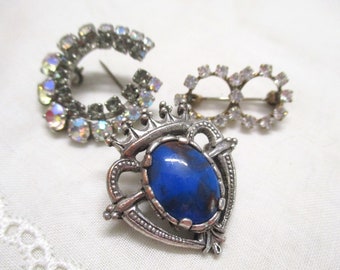 Beautiful bundle three pretty vintage brooches Rhinestone Aurora borealis Miracle heart crown silver