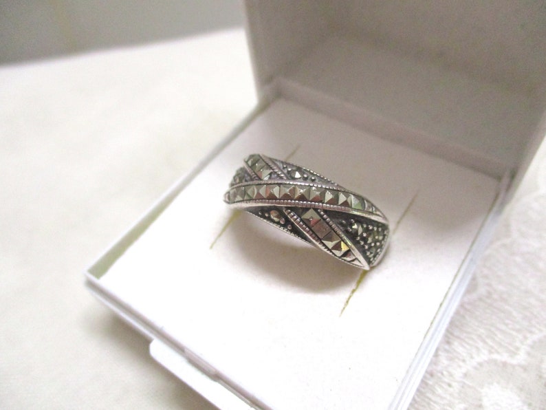 Antique solid Art Deco silver ring A 925 with marcasites 19.4 mm 61 band ring silver marcasite ring ladies ring image 2