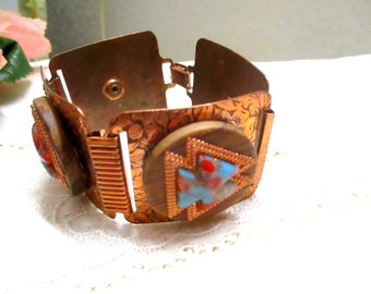 Wide bracelet copper sheet wood vintage copper panel bracelet 1970s link bracelet south west ethnic