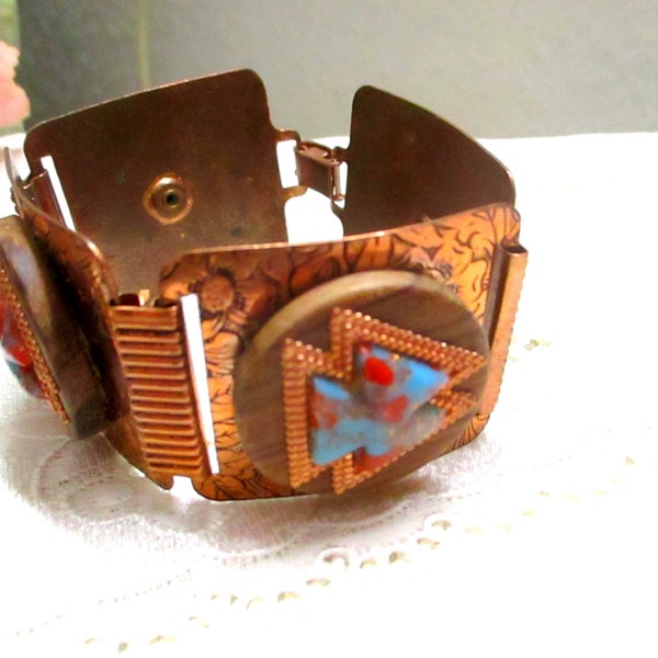 Breites Armband Kupferblech holz Vintage Kupfer Panel Armband 1970er Jahre Gliederarmband south West Ethno