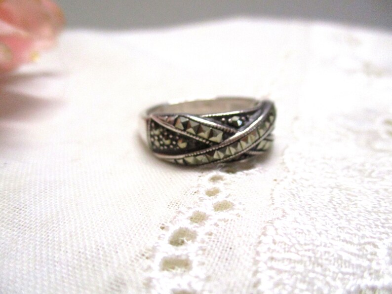 Antique solid Art Deco silver ring A 925 with marcasites 19.4 mm 61 band ring silver marcasite ring ladies ring image 6