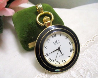 No 48 Great big Kara Ross chain watch nurses watch open enamelled black gold plated analogue bezel 90s Boho