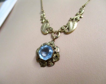 No 02 Fantastic filigree, fine Art Nouveau necklace Tombak? with flower and blue colored stone necklace 44.5 cm vintage necklace necklace