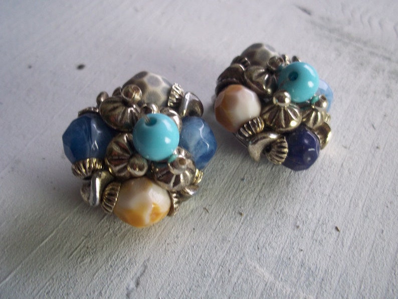 Vintage Blue Silver Cluster clip earrings