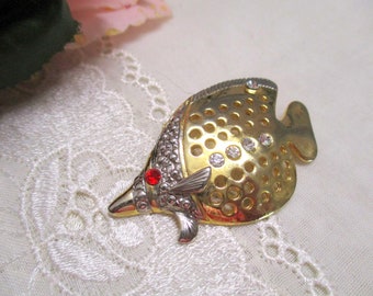 Broche Vintage Feuille En Métal Doré Avec Cabochon Et Perle - Modèle 651 - Occasion Bon État