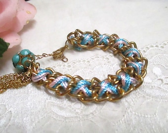 Vintage link bracelet cord turquoise gold