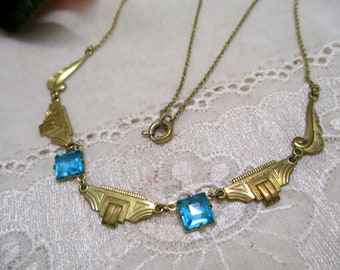 No 51 Fine geometric Art Deco necklace Tombak with bright blue stones Necklace 42 cm Vintage Necklace Collier