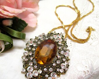 Vintage Beautiful large pendant with strass topaz colored stone with long necklace