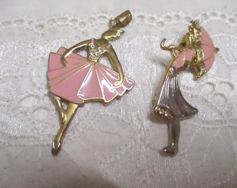 Magical ballerina + girl with umbrella vintage pendant and brooch gold rose pink