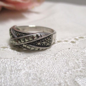 Antique solid Art Deco silver ring A 925 with marcasites 19.4 mm 61 band ring silver marcasite ring ladies ring image 7